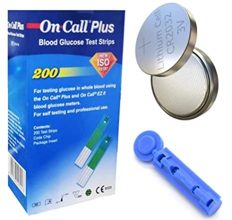 SAAVI URGICALS 100 Lancets with On Call Plus Blood Glucose Test Strips - Pack Of 200 Lancets and CR 2032 Battery